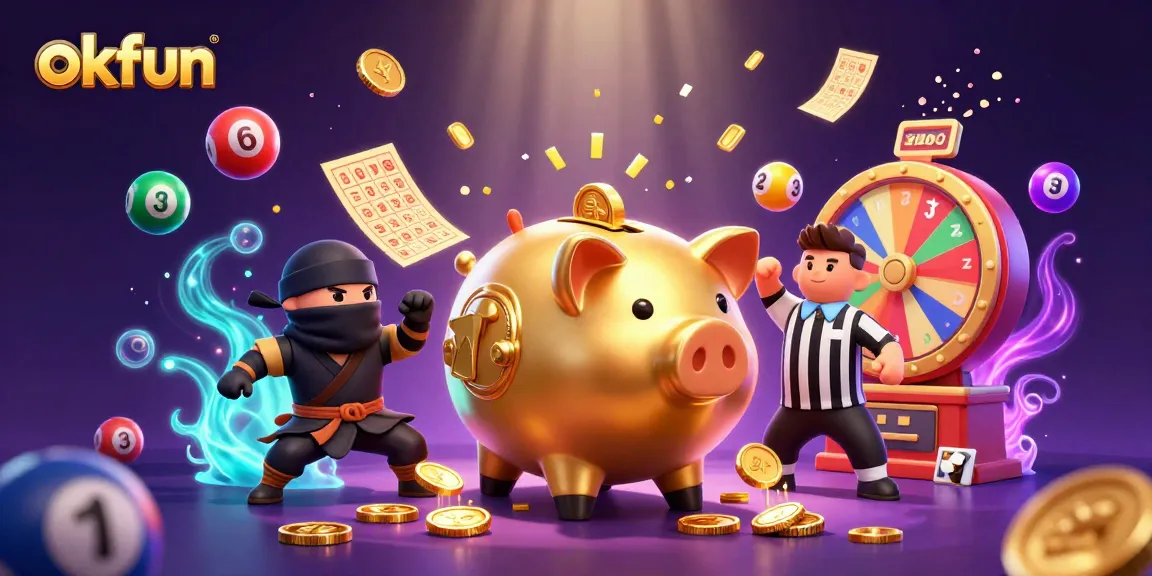 Engage with the exciting world of okfun gaming as a golden piggy bank sumo wrestler celebrates big wins in a vibrant casino scene.