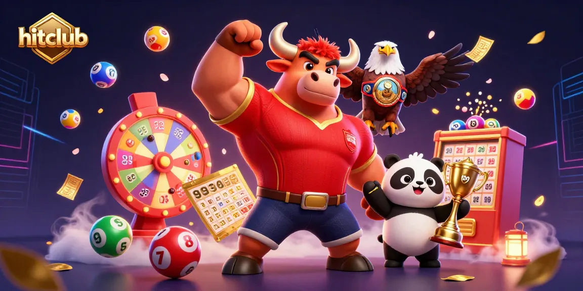 Experience thrilling wins at hitclub with a victorious bull, eagle, and panda amidst vibrant casino elements.