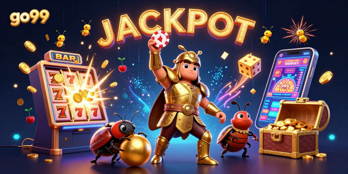 Spin and win with go99 at this vibrant jackpot celebration featuring unique characters.