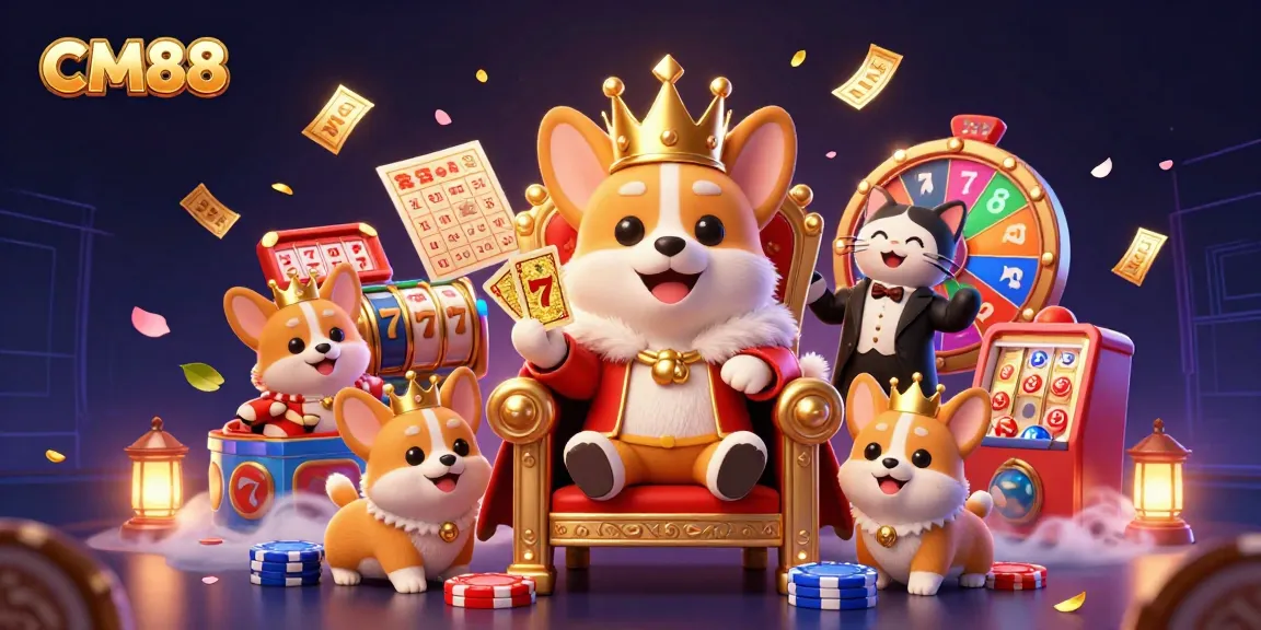 Engage with CM88's vibrant gaming world featuring a royal corgi and a cat butler surrounded by dynamic casino elements.
