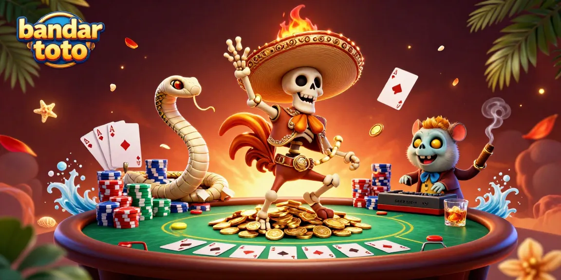 Experience the thrill of bandar toto as a mariachi rooster celebrates on a pile of coins in a vibrant casino scene.