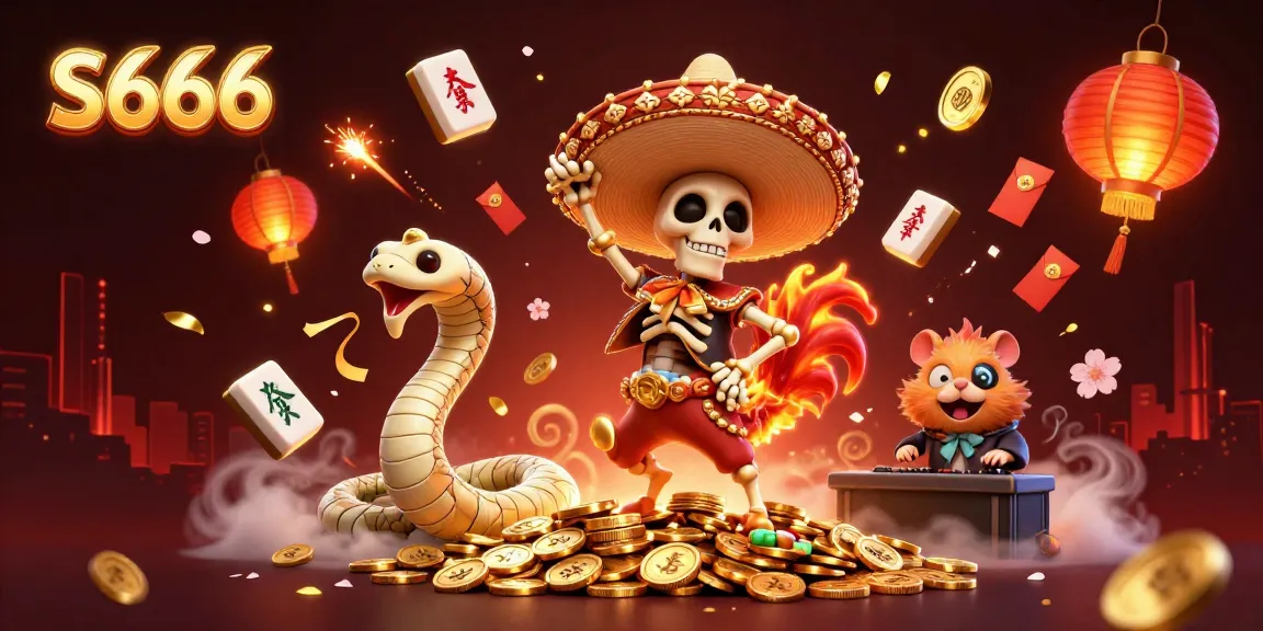 S666 ignites excitement with a victorious skeleton mariachi over golden coins in a dynamic 3D casino scene.