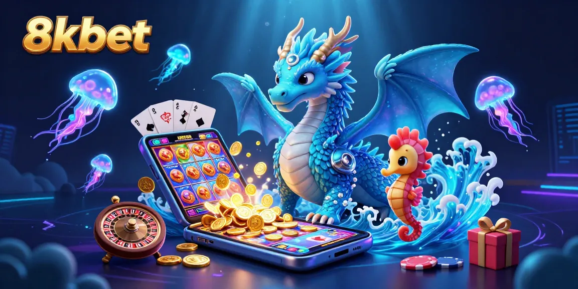 Engage with 8xbet's vibrant gaming world featuring a dragon, knight, and jellyfish.