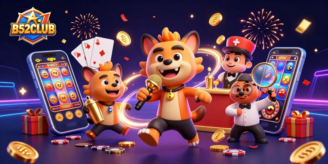 B52CLUB hyenas in a vibrant casino scene with golden coins and colorful slot games.