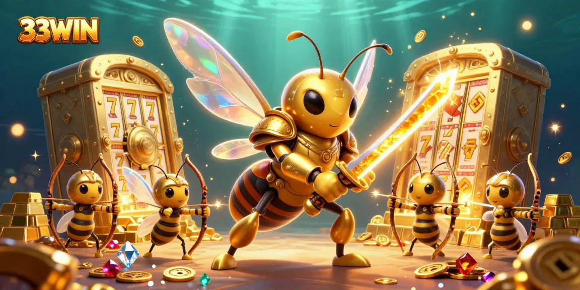 Engage with the vibrant world of 33WIN, featuring a golden hornet samurai in a dynamic gambling-themed illustration.
