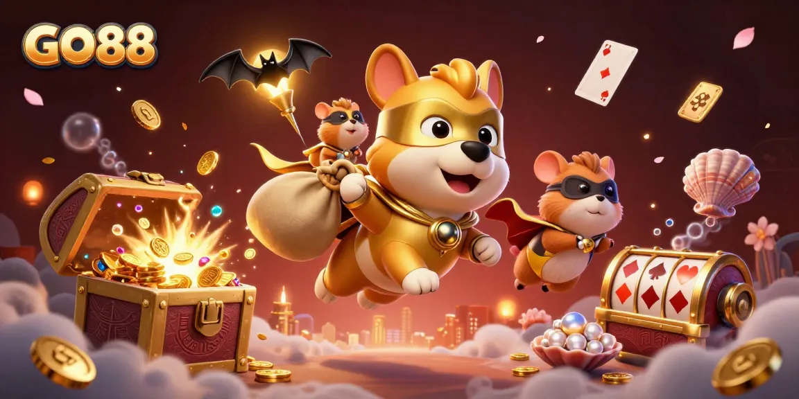 GO88 casino superhero dog illustrates fun and excitement in a vibrant gaming universe.