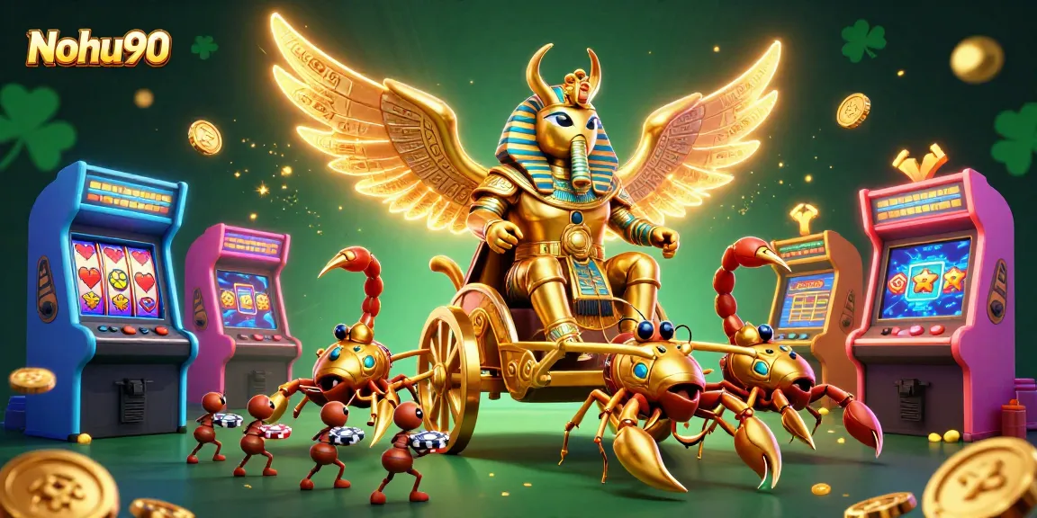 Nohu90 offers vibrant gameplay with a 3D casino scene featuring a golden scarab and scorpions amidst dynamic gaming elements.