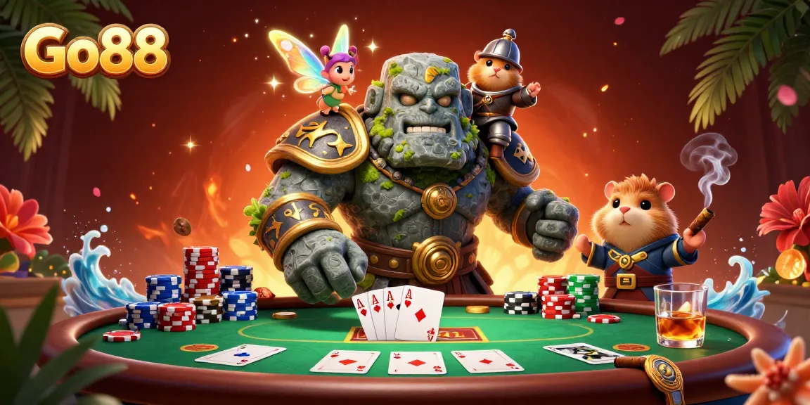 Experience thrilling gameplay at Go88 with a dynamic casino scene featuring characters and poker elements.