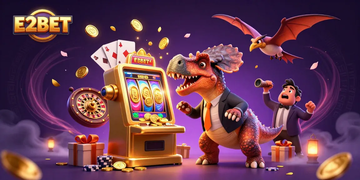 E2BET showcases a pachycephalosaurus winning coins at a slot machine in a dynamic casino scene