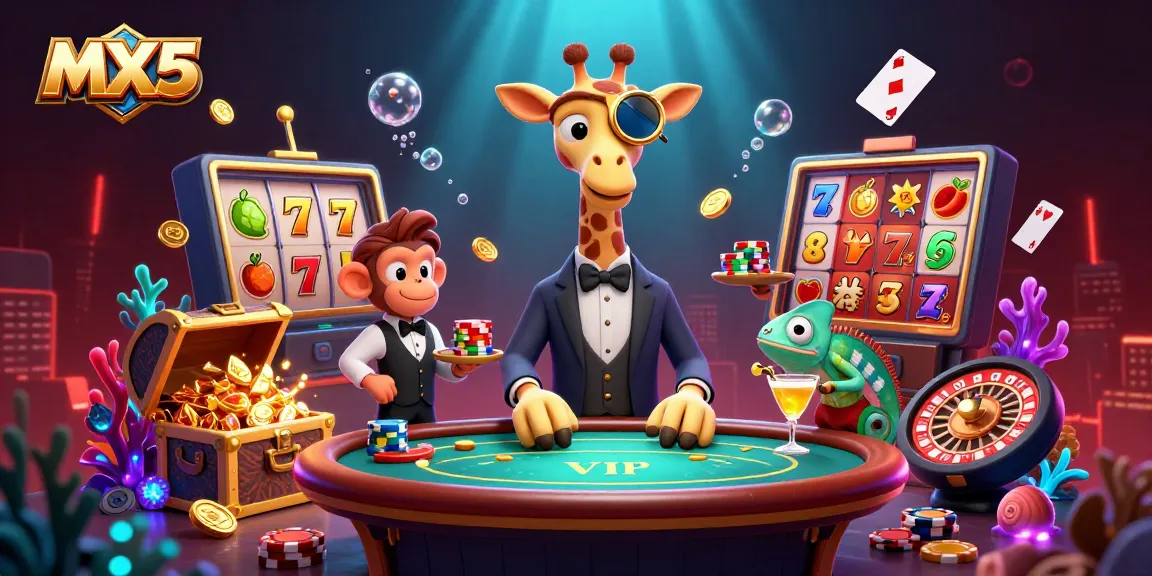 Experience thrilling wins at MX5 with a dynamic scene featuring a giraffe at a VIP poker table, embodying luxury and fun.