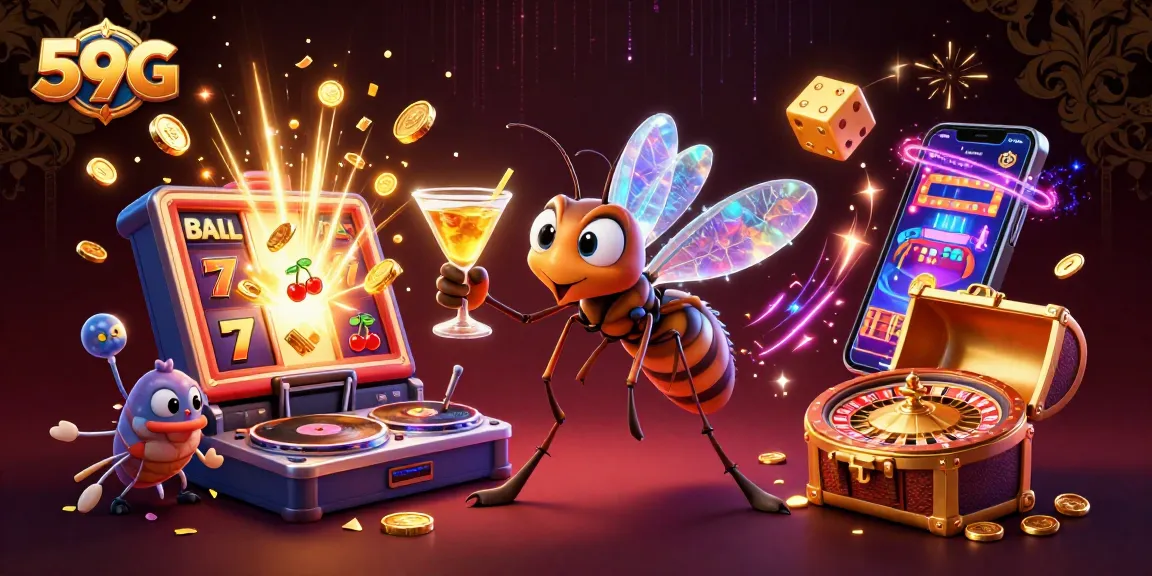 Experience the excitement of 59G with vibrant illustrations of casino fun, jackpot wins, and game elements.