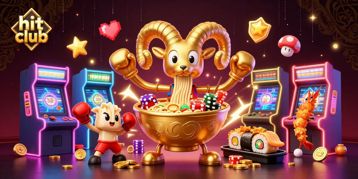 Hit club showcases a playful 3D cartoon scene of casino elements blended with vibrant game visuals.