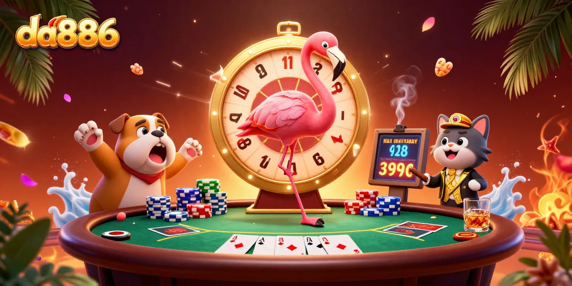 Experience thrilling action at da886 with a vibrant 3D gambling scene featuring poker elements and exciting characters.