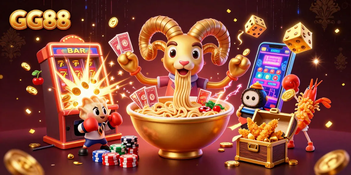 Experience the excitement of GG88 as a giant ramen bowl deals cards amidst a dynamic casino scene filled with jackpots.
