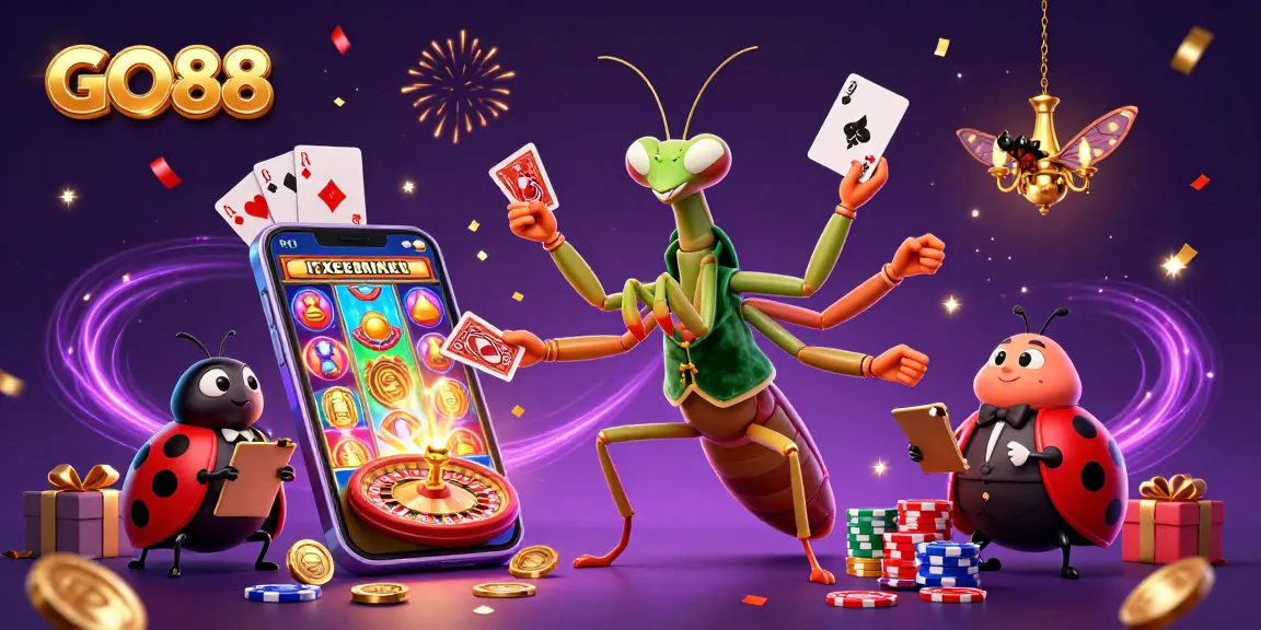 GO88 gaming illustration featuring a mantis card sharp and ladybug pit boss in a vibrant casino scene.
