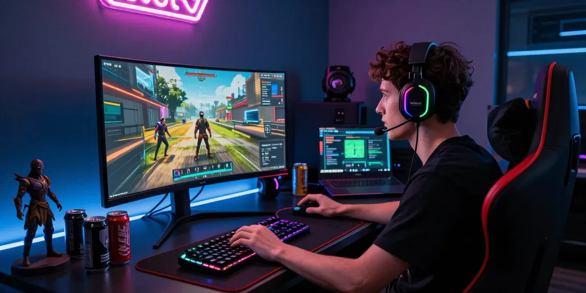 Intense gamer enjoying DayZ Cheats in a colorful gaming setup filled with collectibles and LED lights.