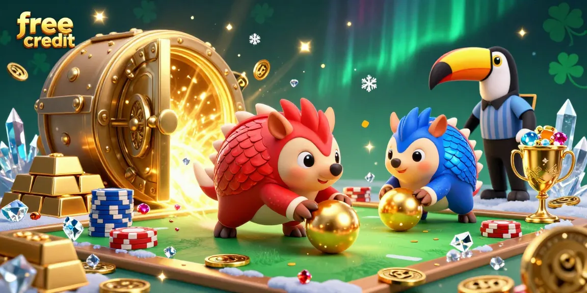 Experience the thrill of free credit by bowling through stacks of poker chips with colorful pangolins in this animated casino scene.