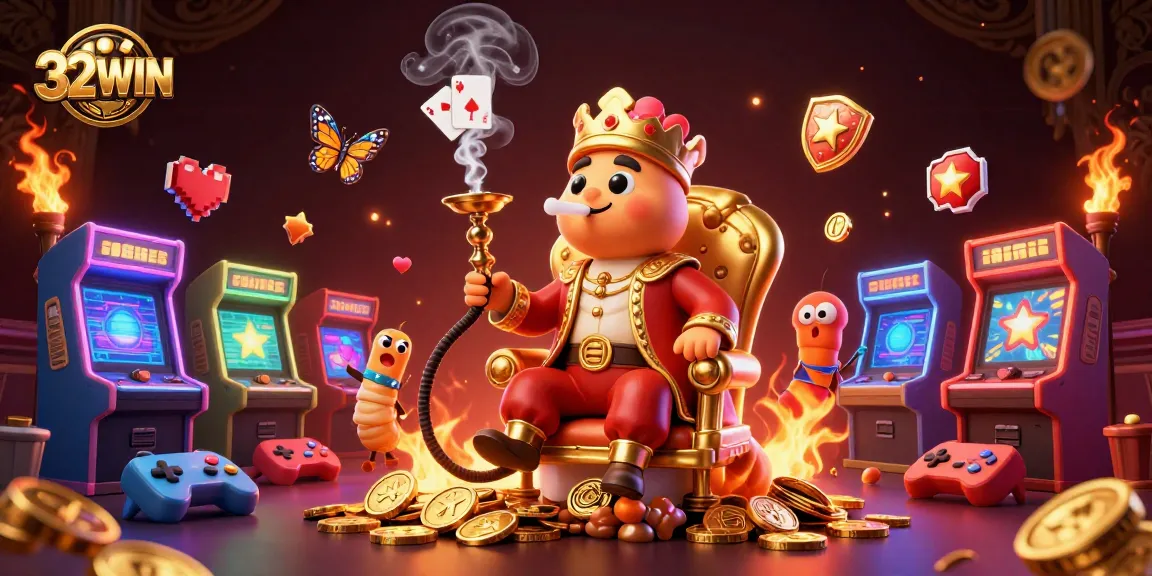 32WIN's vibrant casino scene, featuring game machines and a sultan caterpillar, showcasing dynamic gaming action.