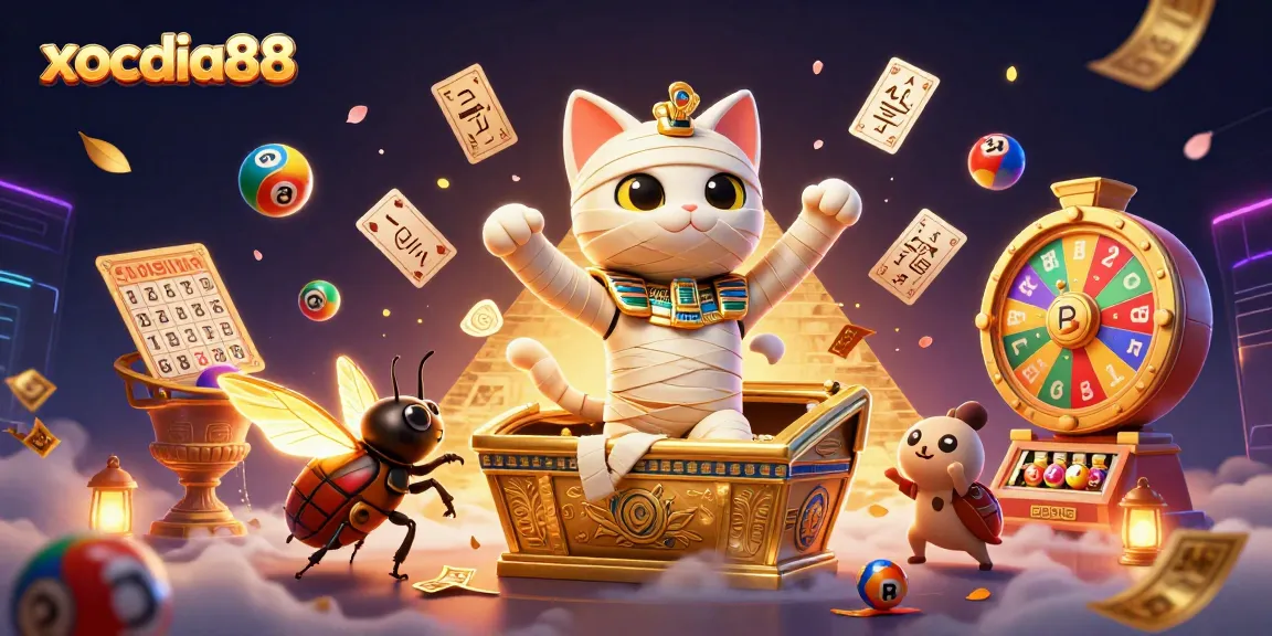 Xocdia88 offers exciting gameplay with a vibrant illustrated scene featuring a mummy cat casino adventure.