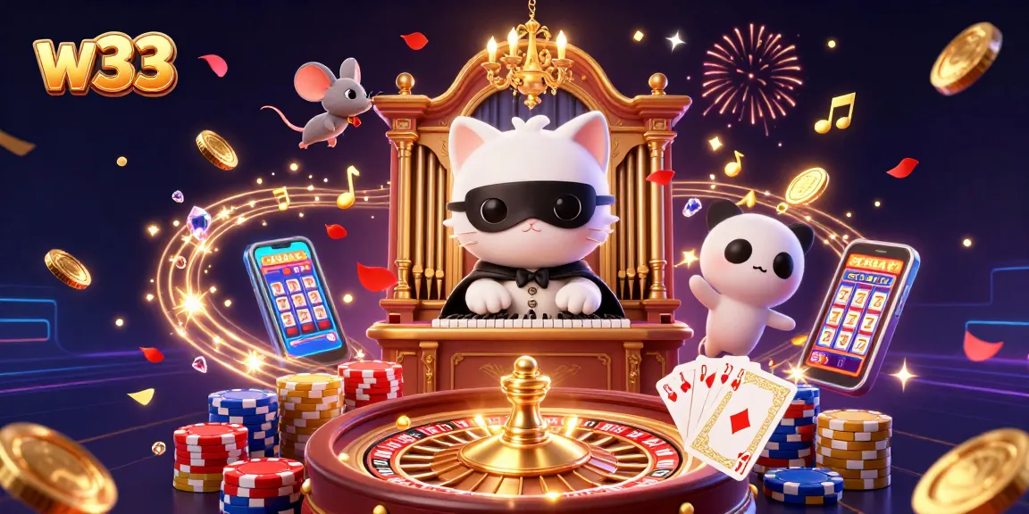 Experience w33 gaming magic with a captivating phantom cat and dynamic casino elements.