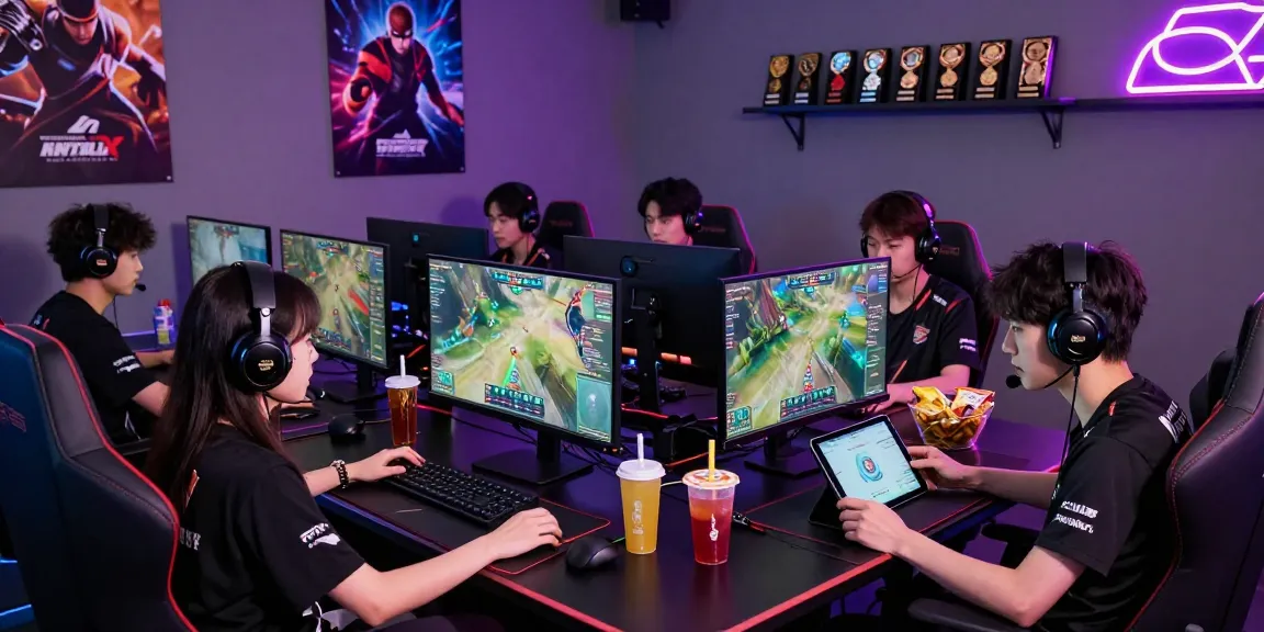 Pengalaman gaming online dengan boswin 88, gamer bersaing di ruang modern yang dipenuhi pencahayaan RGB dan peralatan canggih.