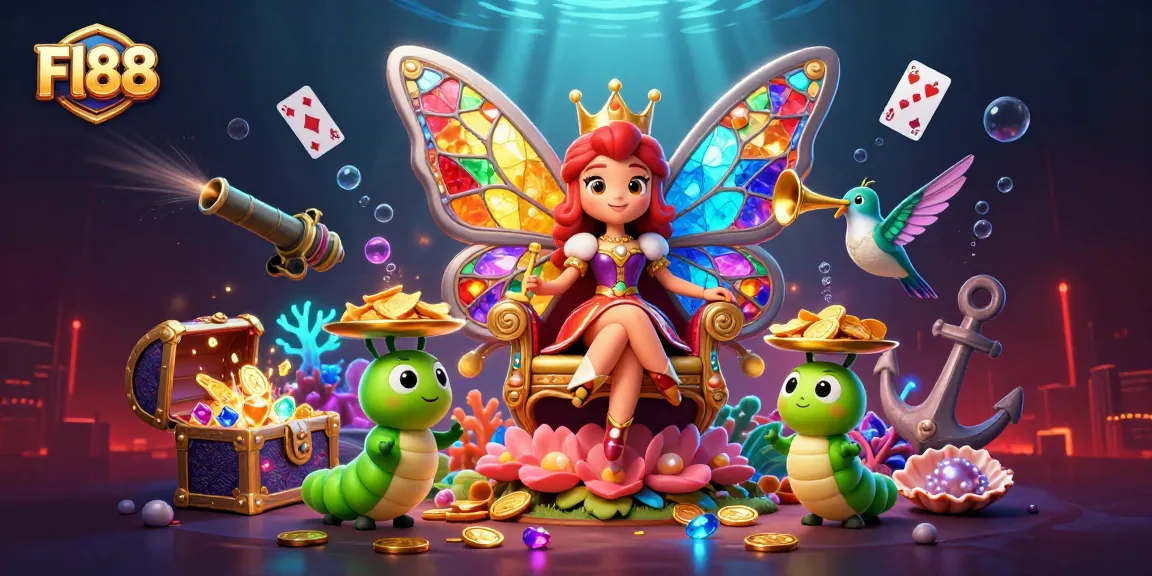 Engaging Fl88 casino scene featuring a vibrant butterfly queen and her chip-carrying servants among treasure elements.