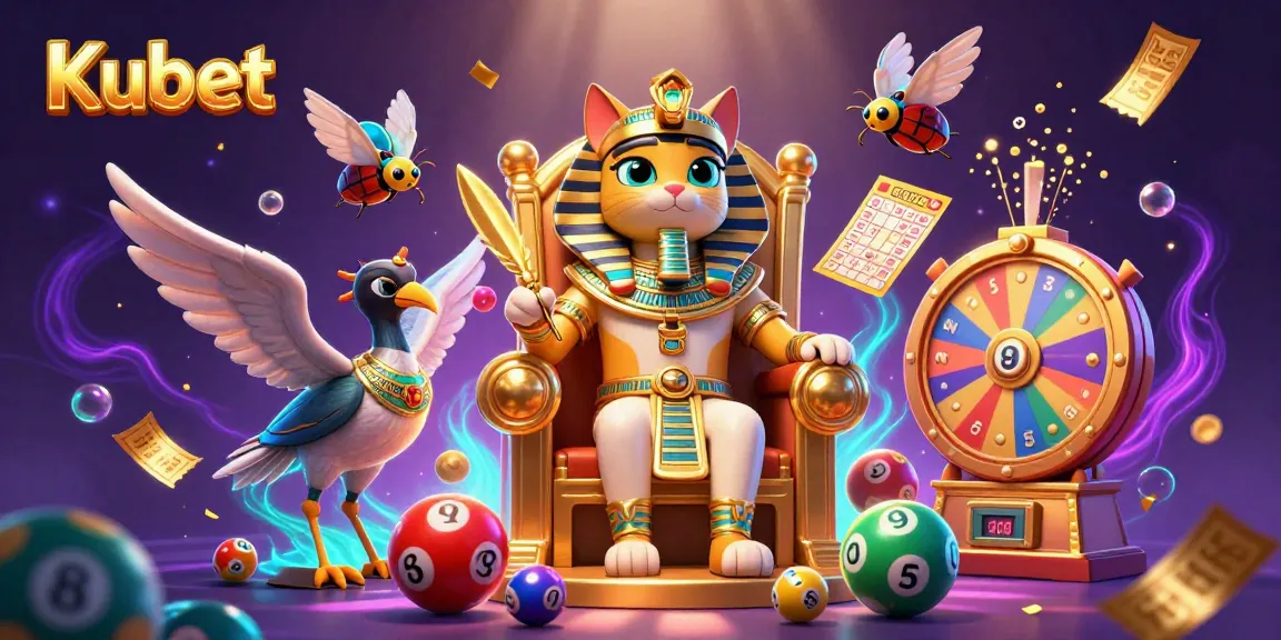 Kubet offers vibrant lottery gaming with a cartoon pharaoh cat amid colorful lottery elements and prizes.
