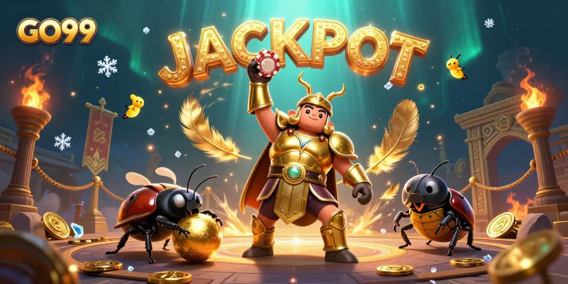 GO99 casino illustration featuring beetle characters celebrating jackpot win at a vibrant gaming arena.