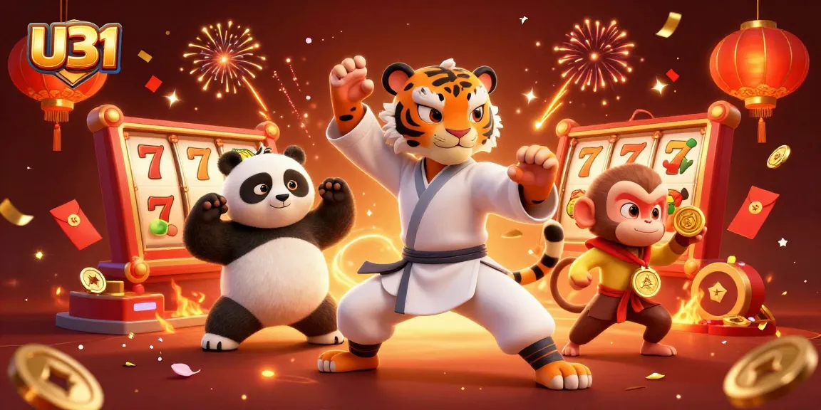 Experience thrilling gameplay at U31 with vibrant casino elements, including lively slot reels and energetic characters.