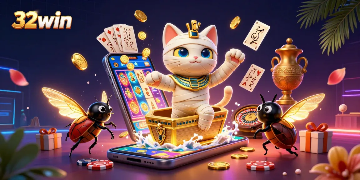 Experience thrilling casino gaming action with 32win's vibrant mummy cat illustration, showcasing dynamic slot games.
