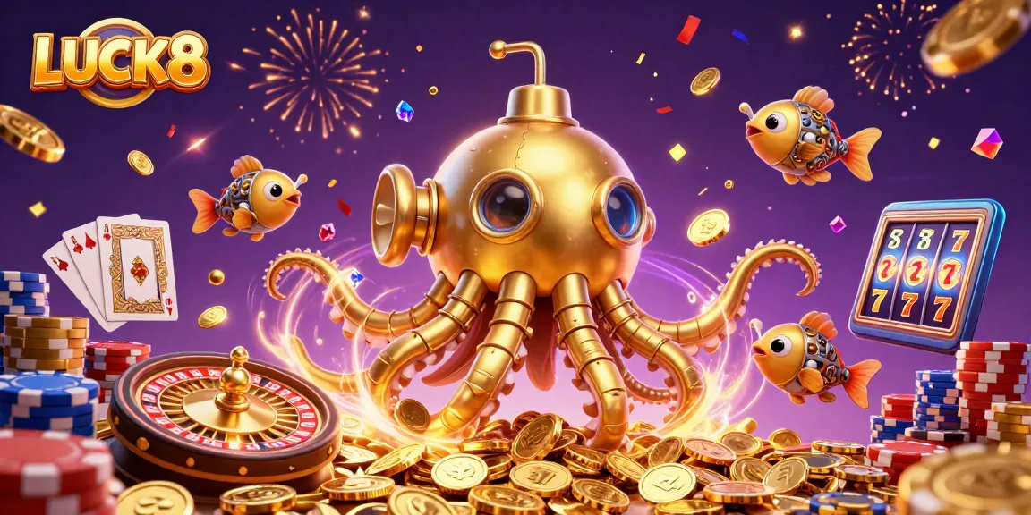 Experience LUCK8 and winnings with a vibrant casino scene of golden kraken submarine amidst a flurry of prizes.