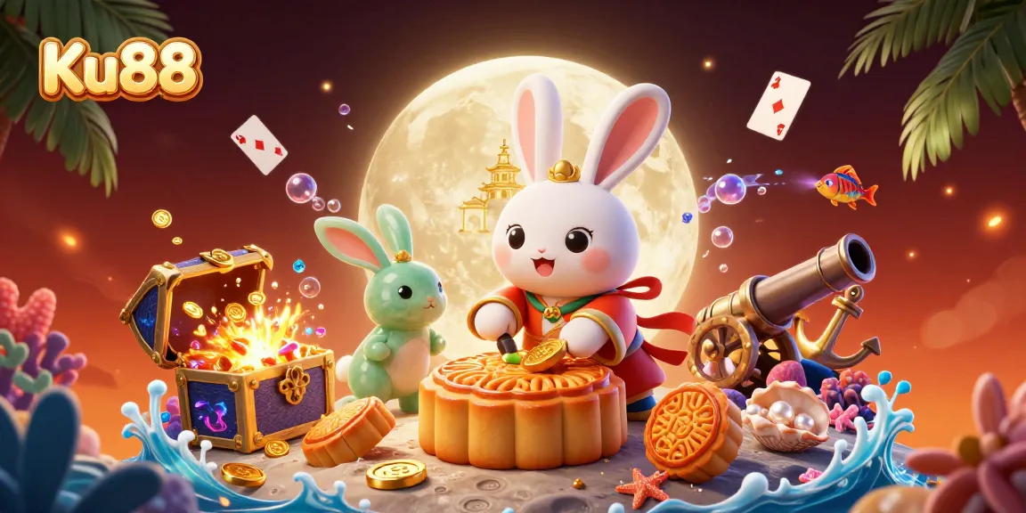 Win big with Ku88 in this captivating 3D illustration featuring a moon rabbit, poker chips, and underwater gems.