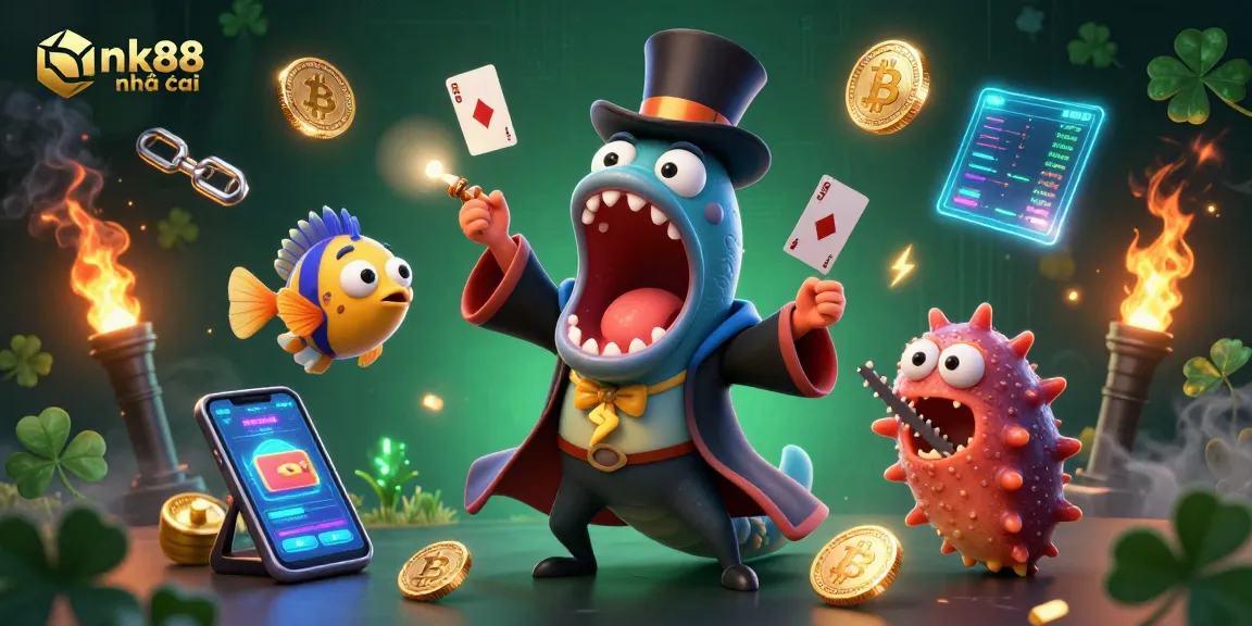Engage in thrilling gameplay at nk88 nhà cái, witnessing a magical scene with 3D characters and crypto elements.