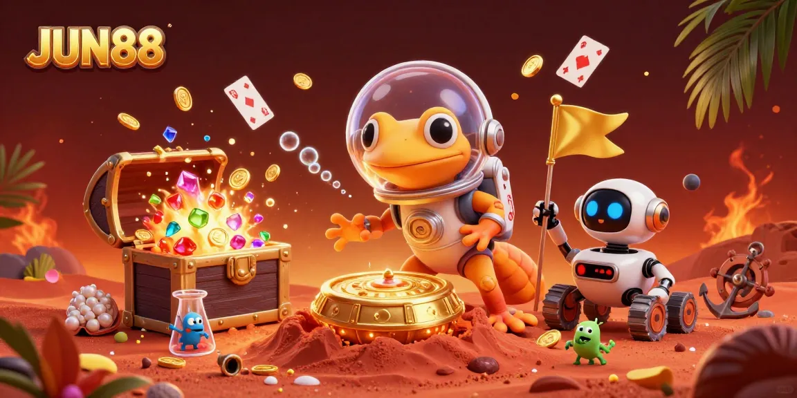 Experience the excitement of JUN88 casino with Martian gecko discovering treasures amidst gold coins.