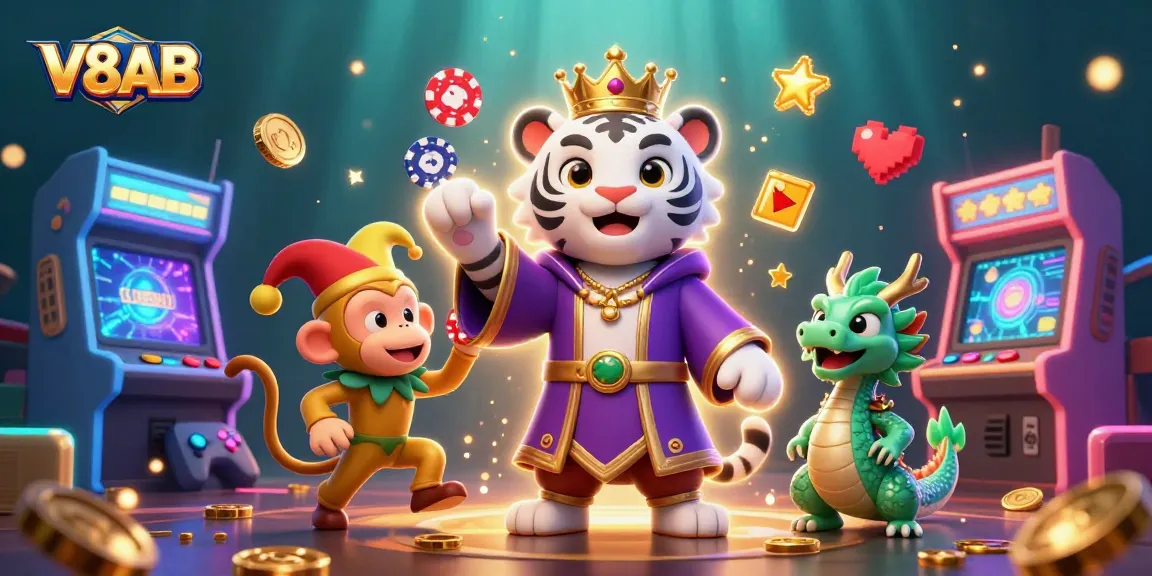 Experience thrilling gameplay with V8AB's vibrant casino scene featuring unique characters and game elements.