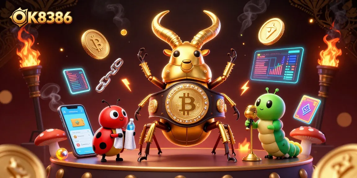 Bet on exciting outcomes with OK8386 featuring a golden beetle boxing champion among innovative crypto elements.