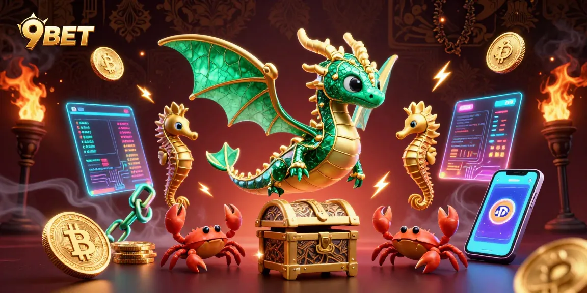 Experience the thrill of 9BET with a vibrant sea dragon and treasure, surrounded by cryptocurrency accents.