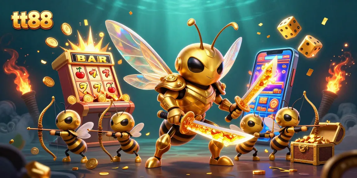 Win big at tt88 with a dynamic illustration of a golden hornet samurai and casino elements.