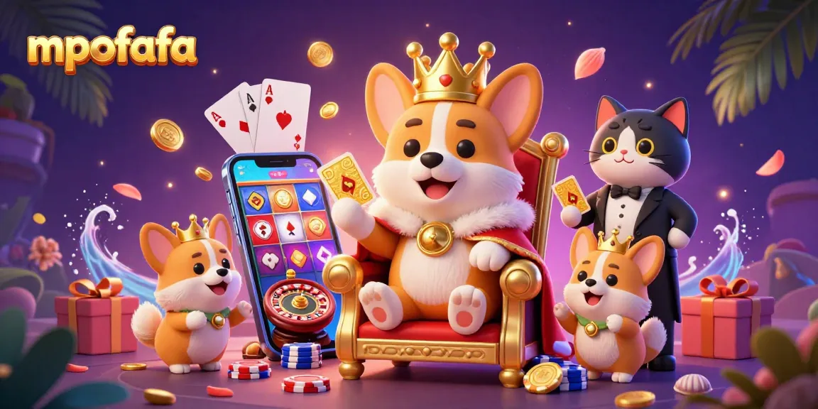Experience vibrant gaming fun with mpofafa; a royal corgi surrounded by slot games and playful elements.