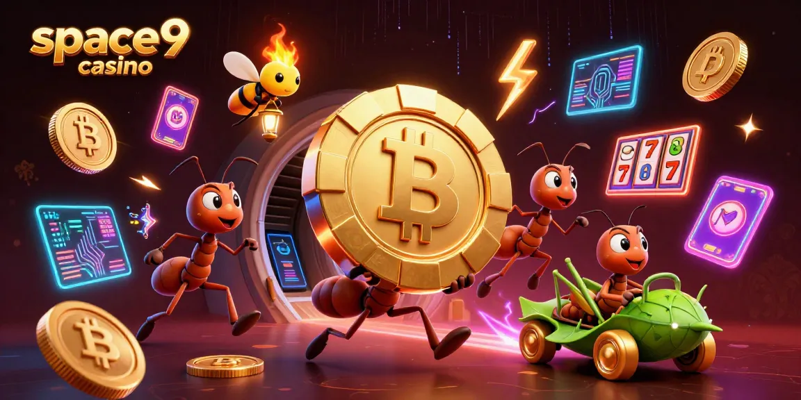 Ants carrying a giant chip symbolize fun at space9 casino with excitement and strategy.