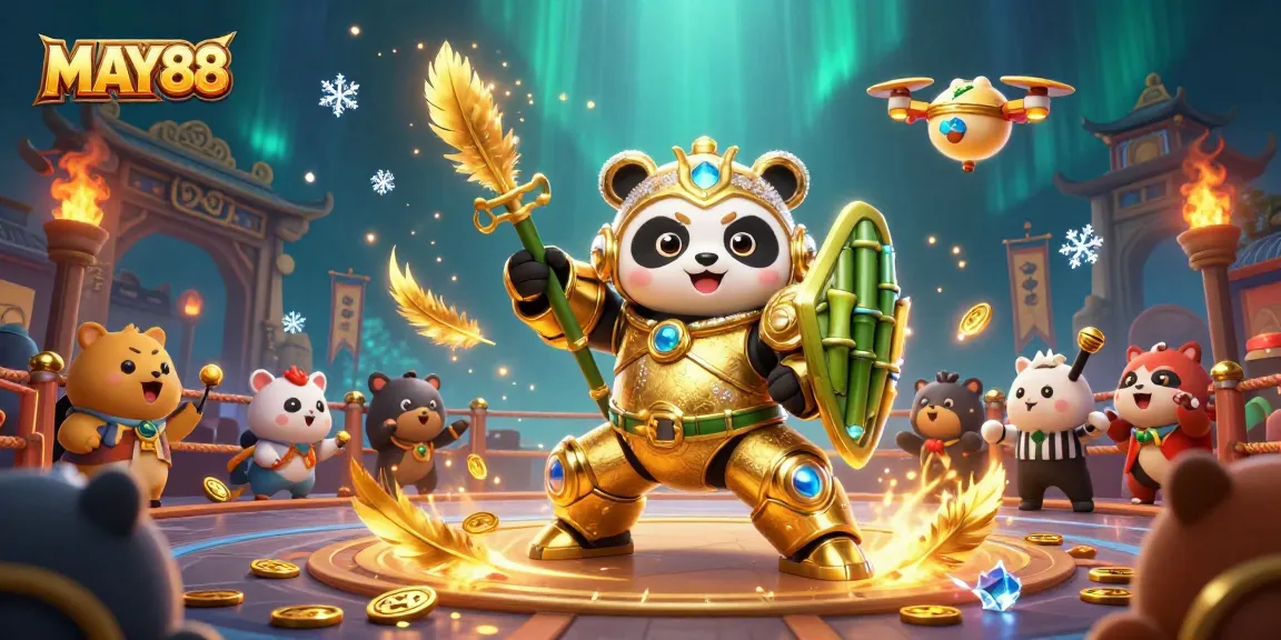 MAY88 features a golden panda piloting a robot in a vibrant gambling arena with cheering spectators.