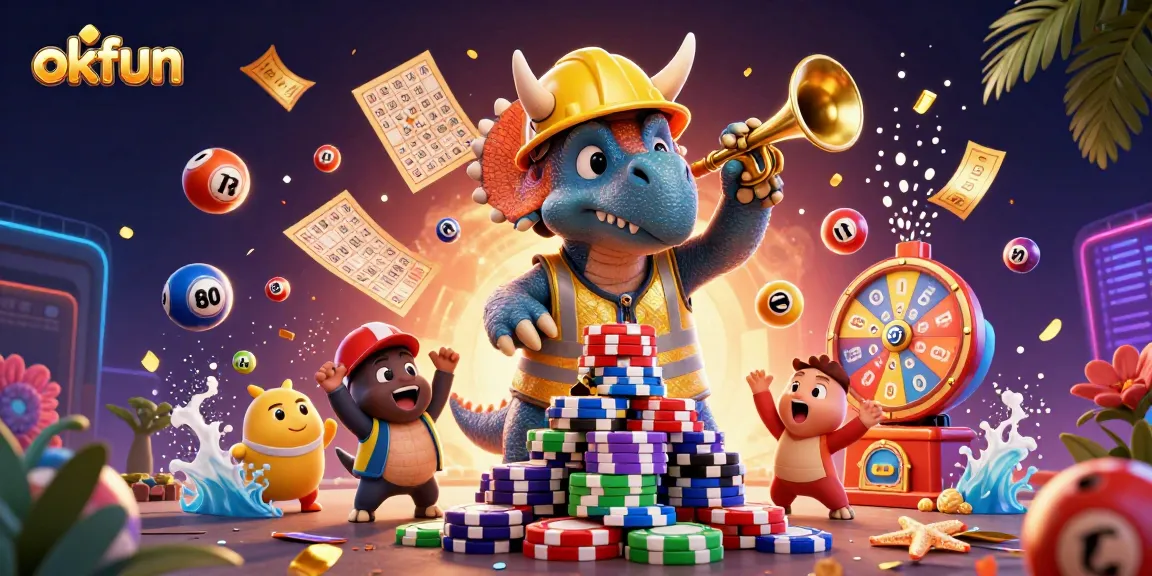 Celebrate winning strategies with okfun in this vibrant 3D casino-themed illustration.